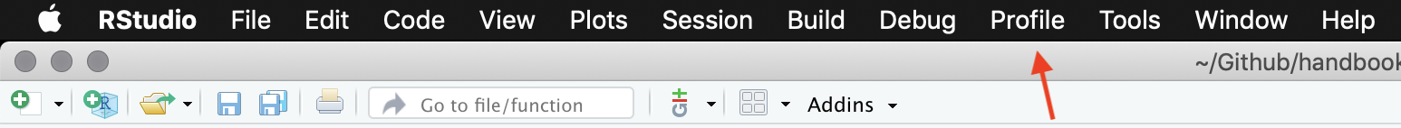 Profile location in Rstudio IDE navigation bar.