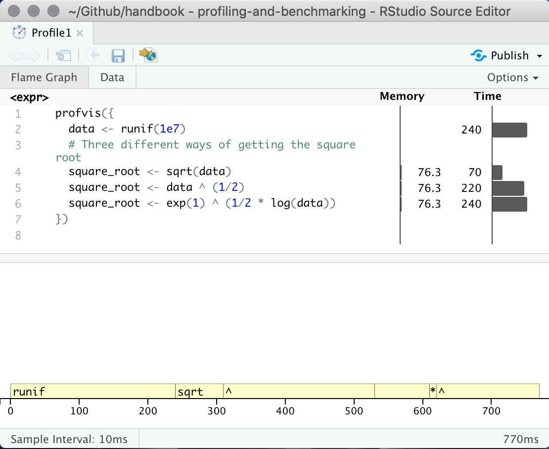 profvis output showing source on top and flame graph below.